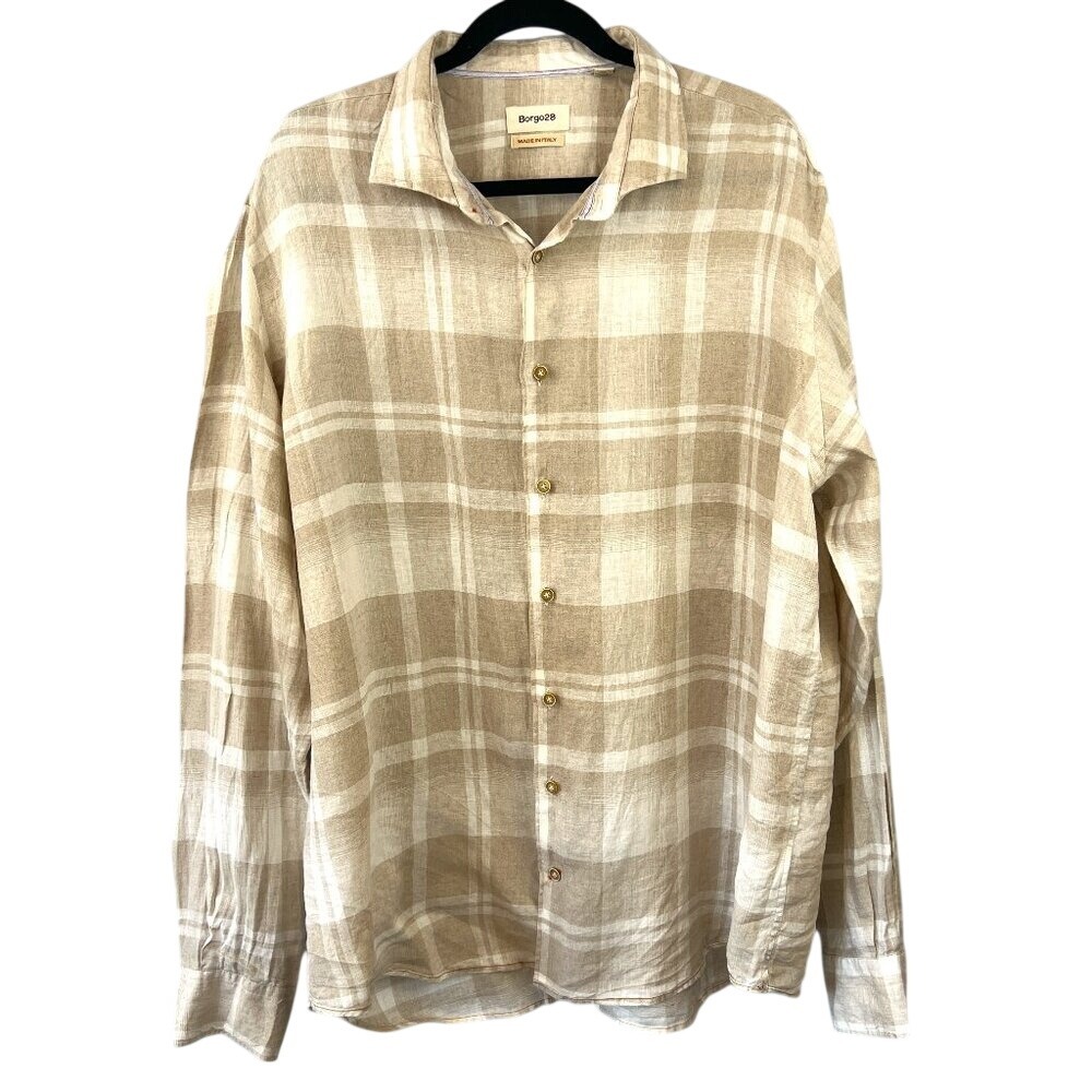 Borgo28 Italian Made Mens Plaid Linen Long Sleeve Sport Shirt in Beige Size XXL